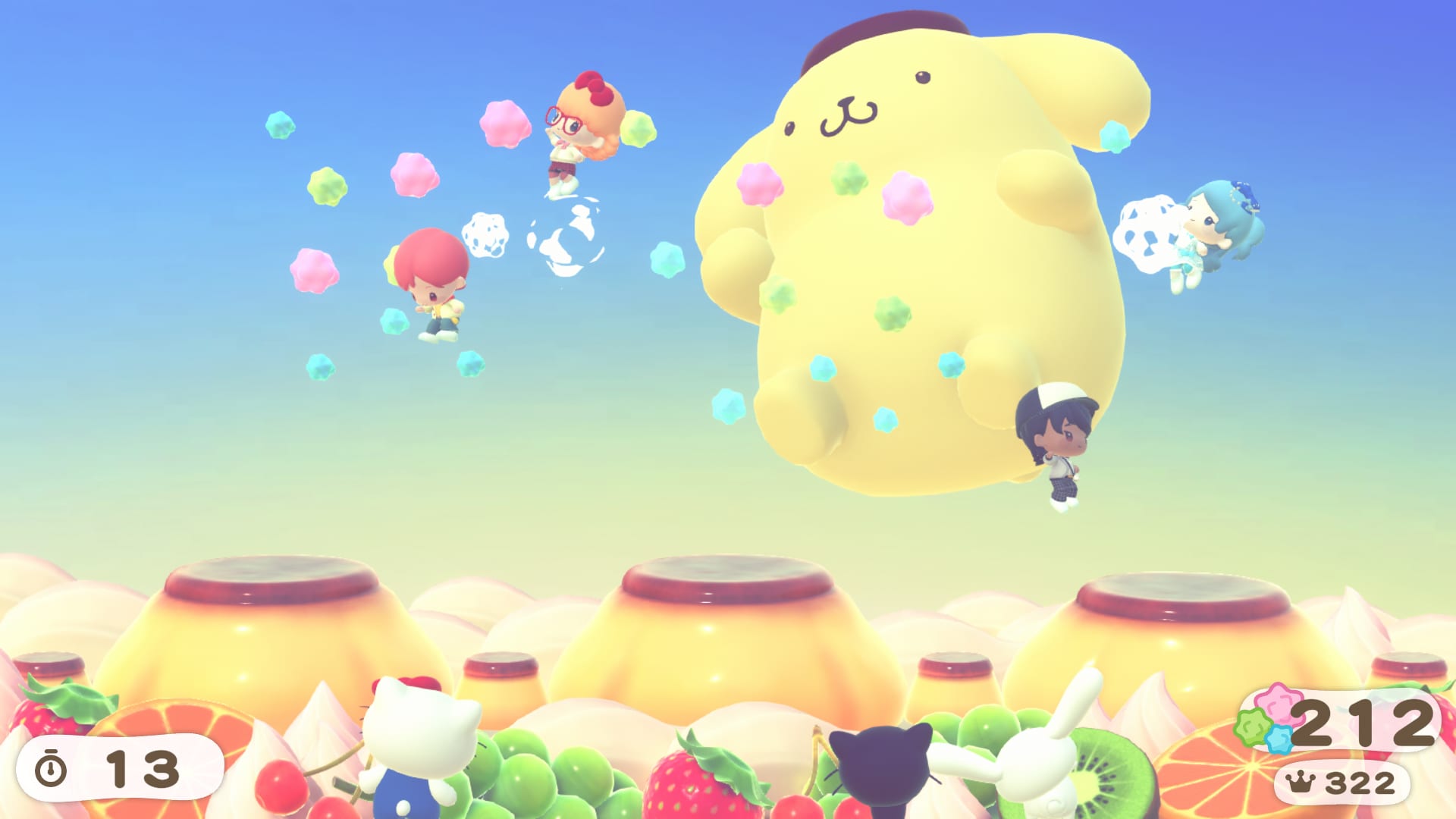 Hello Kitty Party Land screenshot: a floating balloon mini game with Pompompurin.