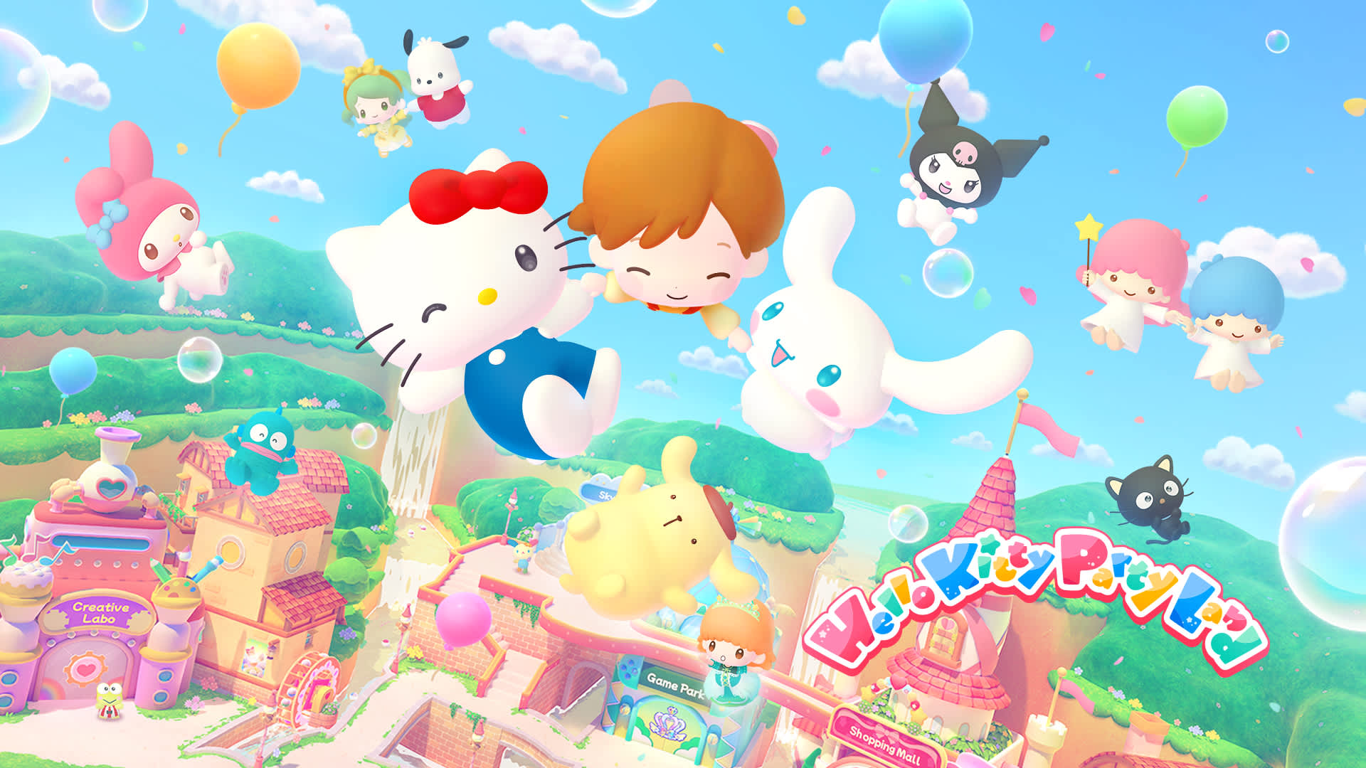 Hello Kitty Party Land screenshot: key art with Hello Kitty and Sanrio friends.